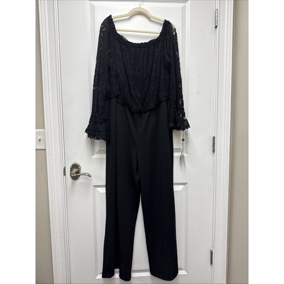 ADRIANNA PAPELL Plus Size 22W Black Off Shoulder Lace Crepe Jumpsuit cocktail - Picture 5 of 12